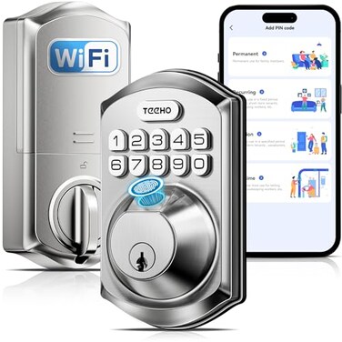 TEEHO TE012W WiFi Smart Lock Fingerprint Door Lock with Builtin WiFi Keyless Entry Keypad Smart Deadbolt App Remote Control Alexa Compatible IP55 Waterproof for Front Door Satin Nickel