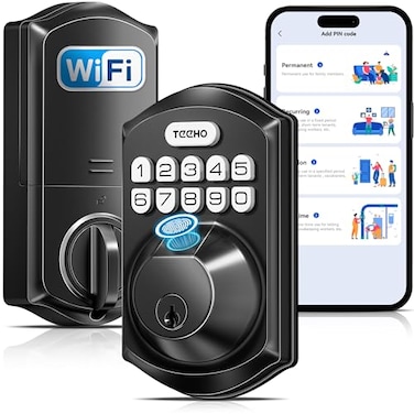 TEEHO TE012W WiFi Smart Lock Fingerprint Door Lock with Builtin WiFi Keyless Entry Keypad Smart Deadbolt App Remote Control Alexa Compatible IP55 Waterproof for Front Door Matte Black