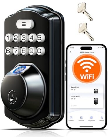 Veise VE012W Builtin WiFi Fingerprint Smart Lock App Remote Control Compatible with Alexa Google Assistant Keyless Entry for Front Door Digital Keypad Deadbolt Auto Lock Matte Black