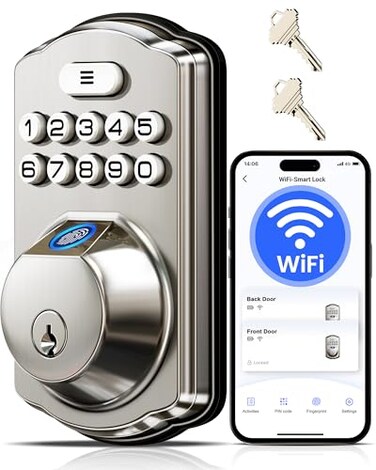 Veise VE012W Builtin WiFi Fingerprint Smart Lock App Remote Control Compatible with Alexa Google Assistant Keyless Entry for Front Door Digital Keypad Deadbolt Auto Lock Satin Nickel