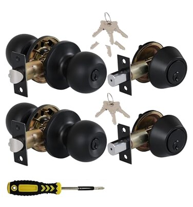 Lanwandeng 2 Sets All Keyed Same Entry KnobsSingle Cylinder Deadbolt for Exterior Front Doors Matte Black Finish Entry Door Lock with Same Keys