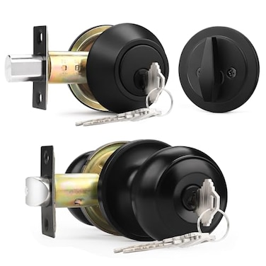 Probrico Keyed Alike Entry Door Knob and Single Cylinder Deadbolt Lockset Black Front Door Knob with Key and Deadbolt 1 Pack
