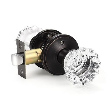 KNOBWELL Modern Round Crystal Door Knobs with Lock Frosted Glass Design Privacy Function for Bed and Bath Oil Rubbed Bronze