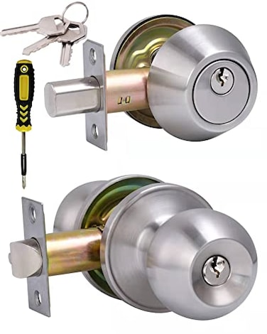 Lanwandeng All Keyed Same Entry Door Knob and Single Cylinder Deadbolt Combo Set Satin Nickel Exterior Door Knobs with Lock and Keys for Entrance and Front Door