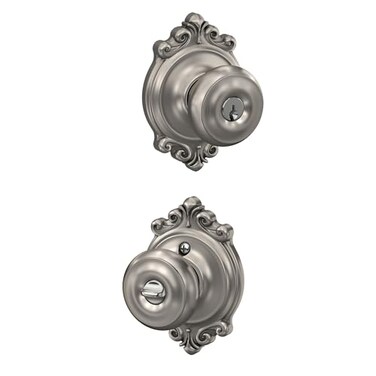 SCHLAGE F51A GEO 619 BRK Georgian Knob with Brookshire Trim Keyed Entry Lock Satin Nickel
