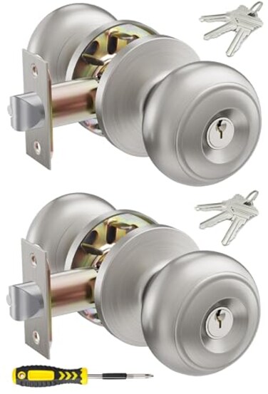 Lanwandeng 2 Pack Keyed Entry Door Knob Set All Keyed Same Exterior and Interior Stainless Steel Door Locks Satin Nickel FrontEntrance Door Knobs Handle
