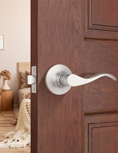 Mengico 1 Pack Satin Nickel Modern Interior Passage Door Knobs Keyless Door Handle for Hallway Closet Wave Style NonLocking Door Lever Reversible for Left Right Handed