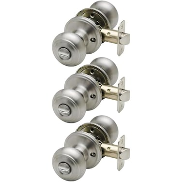 Copper Creek Privacy Interior Door Knob ANSI Grade3 Modern Heavy Duty Handle Easy Install and Reversible for Bedroom Bathroom Closets Satin Stainless 3 Pack
