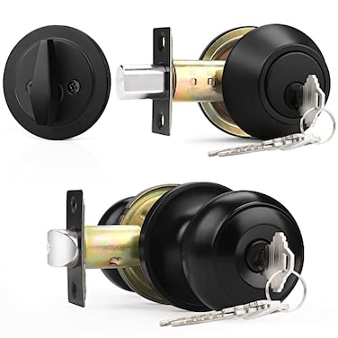 Probrico Keyed Alike Round Ball Entry Door Knob and Single Cylinder Deadbolt Set Flat Black 1Pack