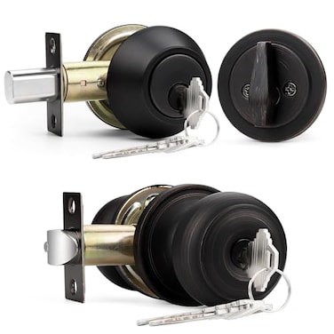 Probrico Keyed Alike Round Ball Entry Door Knob and Single Cylinder Deadbolt Set OilRubbed Bronze 1Pack