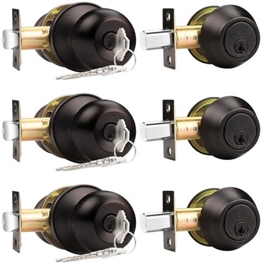 Probrico 3 SetsEntry Door Knob Lockset and Single Cylinder Deadbolt Combination Set Keyed Alike Front Handlesets in Oil Rubbed Bronze Combo Pack Door Knobs ExteriorContractor Pack