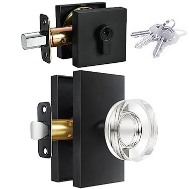 BonKuDoo Glass Crystal Door Knobs with Deadbolt Single Cylinder Deadbolt Set Crystal Door Knob Set Matte Black