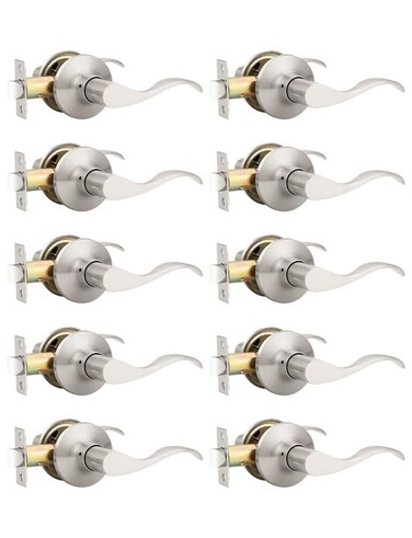 Mengico 10 Pack Satin Nickel Modern Interior Passage Door Knobs Keyless Door Handle for Hallway Closet Wave Style NonLocking Door Lever Reversible for Left Right Handed