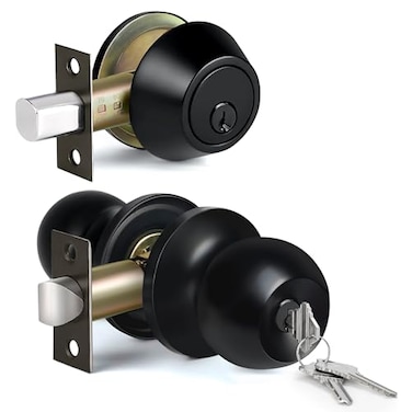 BESTTEN Keyed Alike Exterior Door Knob with Key Lock and Deadbolt All Keyed Same Matte Black Entry Door Knobs with Lock and Keys for Entrance and Front Door