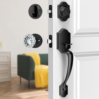 MAXECURITY Black Front Door Handle and Deadbolt Set Classic Front Door Lock Set with Crystal Glass Door Knob Reversible Entry Door Handle for RightLeft Handed Matte Black