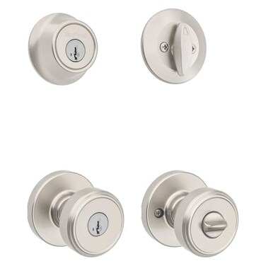 Kwikset Maven Front Door Lock Handle and Deadbolt Set Entry Handleset Round Exterior with Interior Door Knob Secure Locking Deadbolt Satin Nickel with Microban Protection
