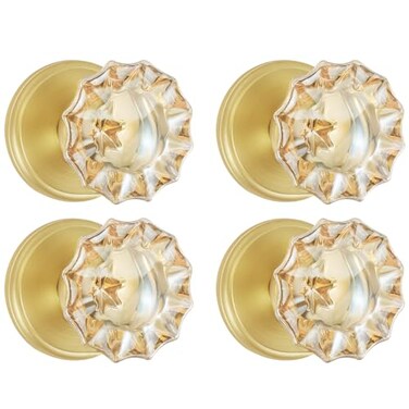 SHINY HANDLES 4 Pack Satin Brass Dummy Door Knob Set Champagne Glass Crystal Gold Door Knobs