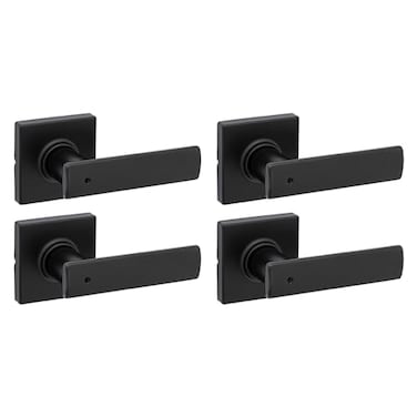 Kwikset Breton Interior Privacy Door Handle with Lock 4 Pack Door Lever for Bathroom and Bedroom Matte Black Reversible Keyless Turn Lock with Microban Protection