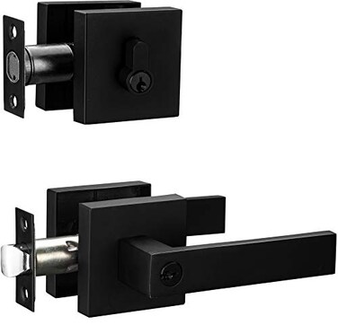 Berlin Modisch Contemporary Square Entry Lever Door Handle and Single Cylinder Deadbolt Locking Lever Handle Set Front Door or Office Right Left Sided Doors Heavy Duty Iron Black Finish