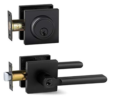 Berlin Modisch Entry Lever Door Handle and Single Cylinder Deadbolt Lock and Key Slim Square Locking Lever Handle Set Front Door or Office Right Left Sided Doors Heavy Duty Iron Black Finish