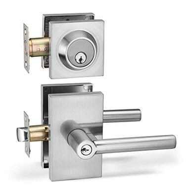 Berlin Modisch Entry Lever Door Handle and Single Cylinder Deadbolt Lock and Key Designer Series Locking Lever Handle Set Front Door or Office Heavy Duty Satin Nickel Finish