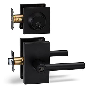 Berlin Modisch Entry Lever Door Handle and Single Cylinder Deadbolt Lock and Key Designer Series Locking Lever Handle Set Front Door or Office Right Left Sided Doors Heavy Duty Iron Black Finish