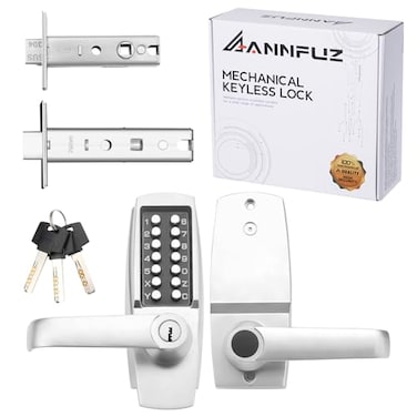 ANNFUZ Mechanical Entry Keypad Door Handle Lock with KeyAutoLocking Push Button Code Door Knob LockSingle Sided Combination Interior Holdopen Leverfor Front GateGarageOfficeBrushed Nickel