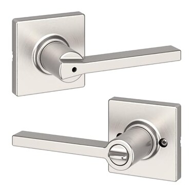Kwikset Casey Interior Privacy Door Handle with Lock Door Lever For Bathroom and Bedroom Satin Nickel Reversible Keyless Turn Lock with Microban Protection