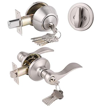 Gobrico Keyed Alike Front Door Exterior Door Lever Lockset with Single Cylinder Deadbolt Combination Set Door Knob with Lock and Deadbolt Satin Nickel Finished 1Pack