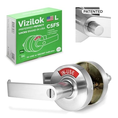 VIZILOK ADA Compliant Single Egress Indicator Privacy Lock C5FSL Durable ANSI Grade 2 Comp Commercial Non Reversible LeftHanded inUse or Vacant Push Button Lever Satin Chrome