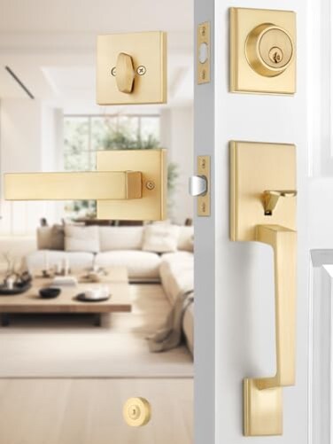 EHOMEWARE 2 Sets Entry Door Handle and Single Cylinder Deadbolt Lock and Key Combo Pack Heavy Duty Square Locking Lever Set InteriorExterior Door Levers in Satin Brass Finish