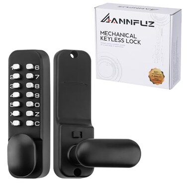 ANNFUZ Full Mechanical Keyless Entry Door Handle Lock with KeypadSingleSided Push Button Combination Code Lever LockAuto LockingInterior HoldOpeningfor Front GateNo BatteryMatte Black