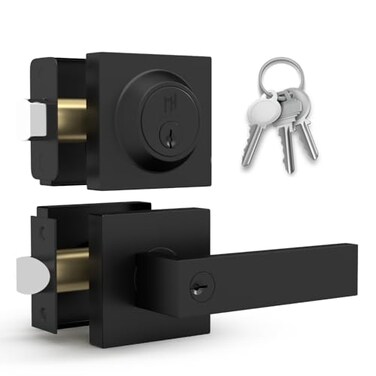 Mega Handles ROBELL Entrance Combo Entry Lever Door Handle Single Cylinder Deadbolt Lock Key Combo Pack Heavy Duty Square Locking Door Levers Set for Left or RightHanded Doors Matte Black