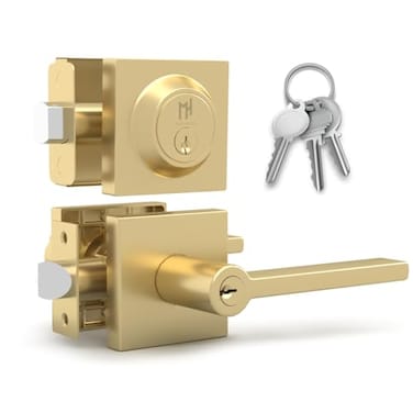 Mega Handles Prime Entrance Combo Entry Lever Door Handle and Single Cylinder Deadbolt Lock and Key Combo Pack Heavy Duty Square Locking Door Levers Set for Left or RightHanded Doors Satin Brass