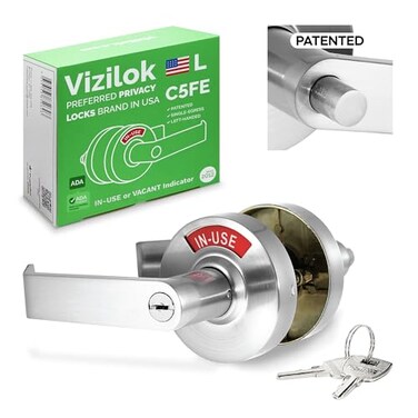 VIZILOK ADA Compliant Single Egress Indicator Privacy Lock with Keys C5FEL Durable ANSI Grade 2 Comp Commercial LEFTHanded Non Reversible inUse or Vacant Push Button Lever Satin Chrome