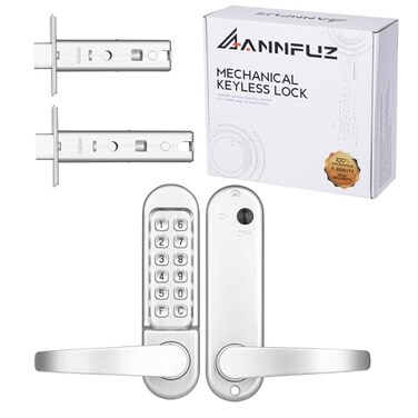 ANNFUZ Mechanical Keypad Keyless Entry Door Handle LockPush Button Code Door LeverSingleSide Combination Interior NonLockingExterior AutoLockNo Electronicfor Front GatePearl Chrome