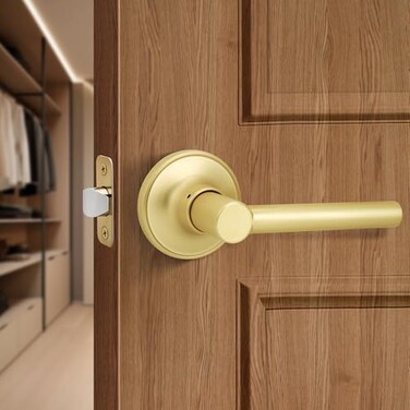 Gaurqiah Brushed Gold Passage Door Handle Round Design NonLocking Door Lever Reversible Door Lever for Hallway Closet Satin Brass