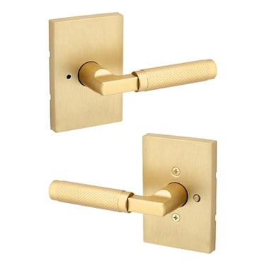 Kwikset Prava Interior Privacy Door Knurled Handle with Lock Door Lever for Bathroom and Bedroom Satin Brass Reversible Keyless Push Button Lock Door Lever with Microban Protection