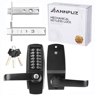 ANNFUZ Mechanical Entry Keypad Door Handle Lock with KeyAutoLocking Push Button Code Door Knob LockSingle Sided Combination Interior Holdopen Leverfor Front GateGarageOfficeMatte Black