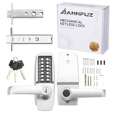 ANNFUZ New Mechanical Keyless Keypad Entry Door Hanle Lock with KeyNo ElectronicSingleSide Push Button Combination Code Door Lever SetInterior HoldOpeningfor Front Gate Outdoor Pearl Chrome