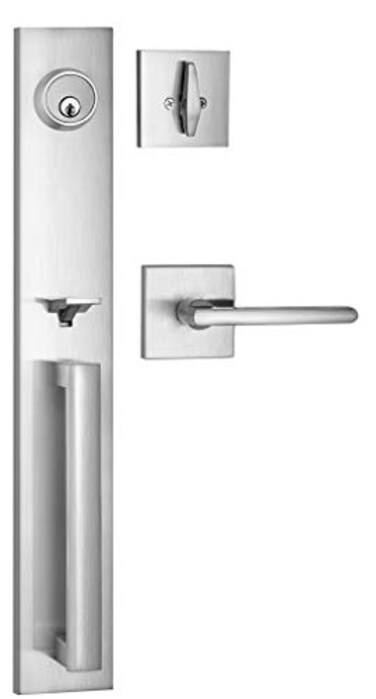 Berlin Modisch Full Escutcheon HandleSet Front Door Entry Handle and Deadbolt Lock Set Slim Square Single Cylinder Deadbolt and Lever Heavy Duty Satin Nickel Finish