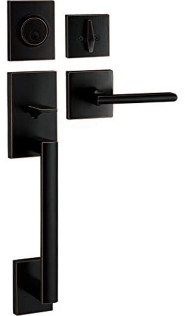 Berlin Modisch HandleSet Front Door Entry Handle and Deadbolt Lock Set Slim Square Single Cylinder Deadbolt and Lever Reversible for Right Left Sided Doors Heavy Duty Oil Rubbed Bronze
