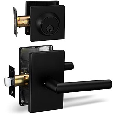 Berlin Modisch Passage Lever Door Handle and Single Cylinder Deadbolt Lock and Key Designer Series Lever Handle Set Front Door or Office Handleset Heavy Duty Iron Black Finish