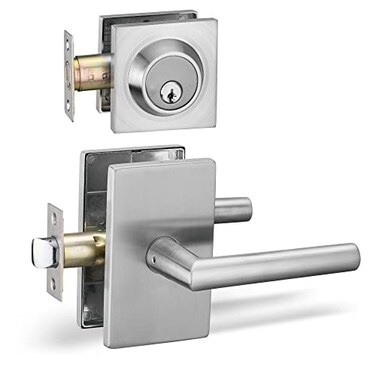 Berlin Modisch Passage Lever Door Handle and Single Cylinder Deadbolt Lock and Key Designer Series Lever Handle Set Front Door or Office Handleset Heavy Duty Satin Nickel Finish