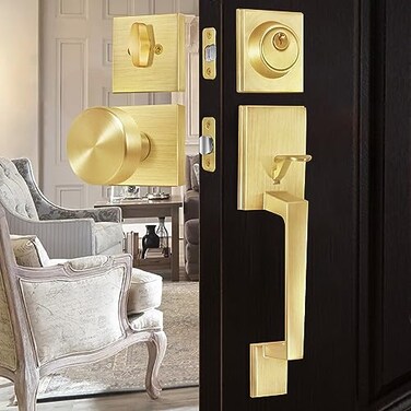 BonKuDoo Satin Brass Front Entry Door Handle Front Door Lock Set with Single Cylinder Deadbolt and Gold Door Knob