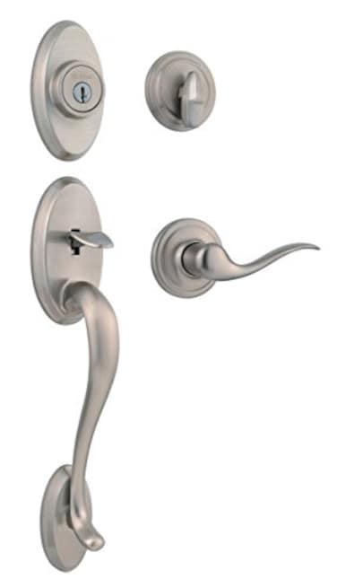 Kwikset Shelburne Front Door Lock Handle and Deadbolt Set Entry Handleset Exterior with Interior Reversible Lever Satin Nickel Pick Resistant SmartKey Rekey Deadbolt Security