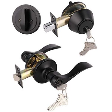 Gobrico 1Pack Exterior Door Lever Lockset with Single Cylinder Deadbolt Black Door Handle with Deadbolt Lock Set Keyed Alike Matte Black Finished