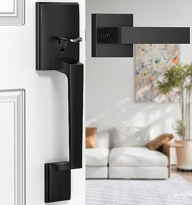 Brightify Black Front Door Handle Modern Exterior Door Handle with Passage Lever Front Entry Door Handle No Lock Reversible for Left Right Hand Door Lower Half Grip