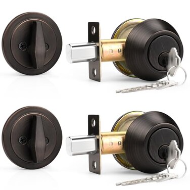 Probrico 2 Pack Keyed Alike Single Cylinder Deadbolts Oil Rubbed Bronze Combo Packs Front Door Handlesets with Keys Interior Exterior Door Hardware for Entrance Lock and Front Gate