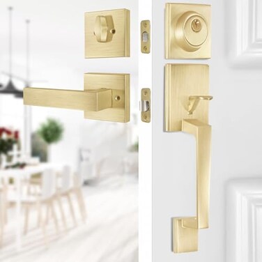 BonKuDoo Entry Front Door Handle Satin Brass Square Front Door Lock Set with Single Cylinder Deadbolt and Low Half Lever